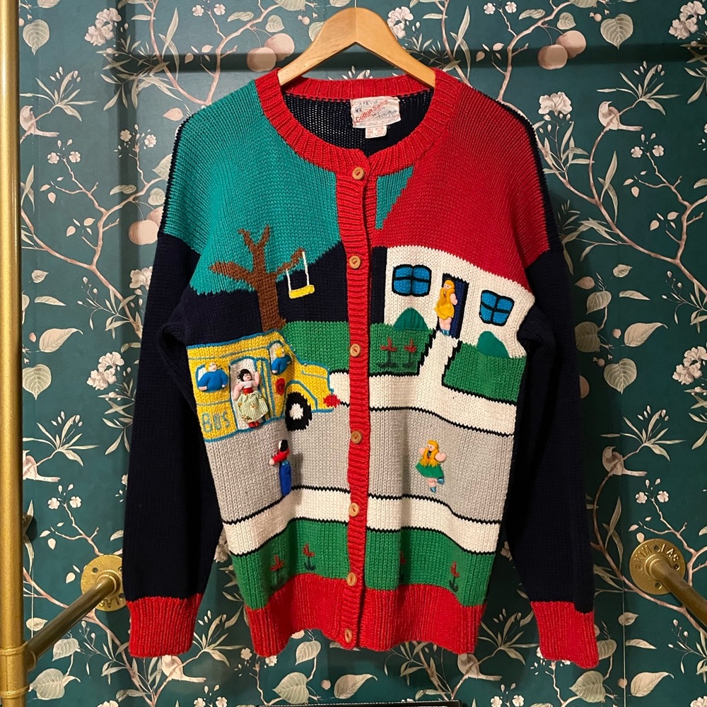 Crazy weird textured school teacher cardigan sweater
